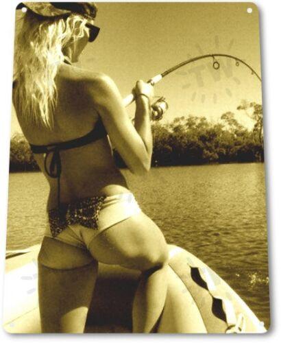 Good Catch Pinup Girl Sexy Cowgirl Fishing Man Cave Wall Decor Metal Tin Sign 20x30cm(7.8x11.8inch)