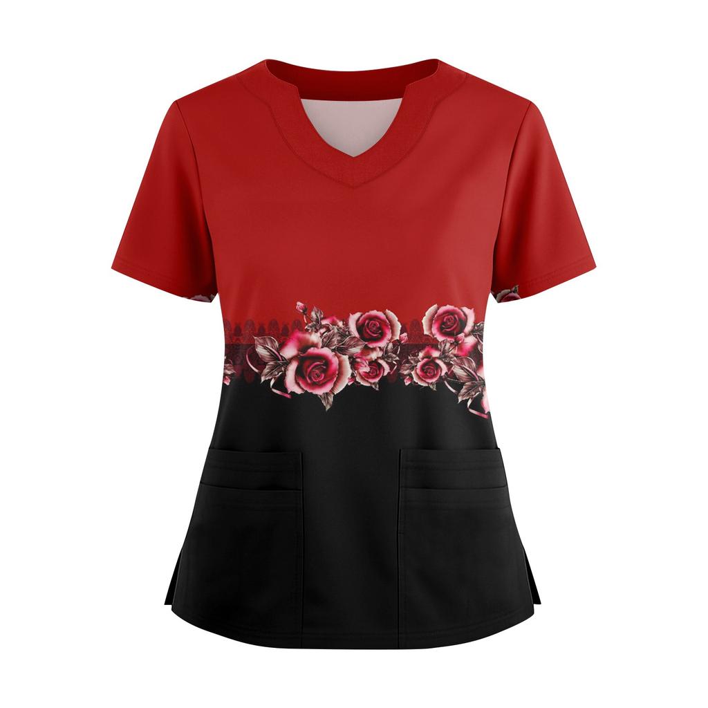 Damen locker kurzärmlig modisch geometrischer Druck von Pflanzen und Blumen Druck V-Ausschnitt knopfbar Seitenschlitz Oberteil T-Shirt