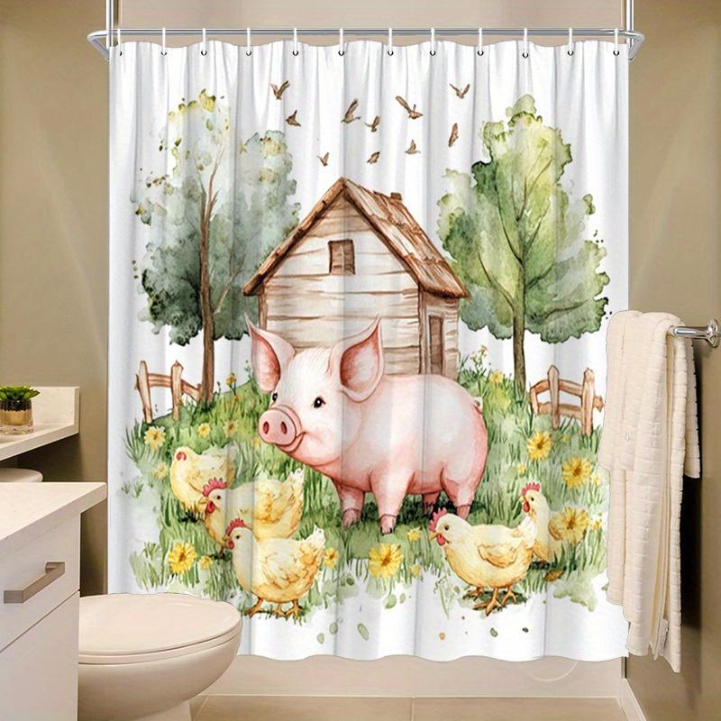 Pig & Chickens Shower Curtain - Farm Scene, Polyester, 12 Hooks, 70.8x70.8 Inches, Washable