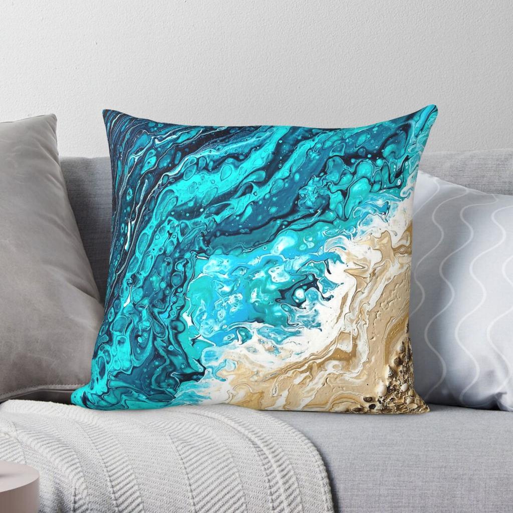 Turquoise Seashore Square Pillowcase Polyester Linen Velvet Pattern Zip Decor Room Cushion Cover Wholesale