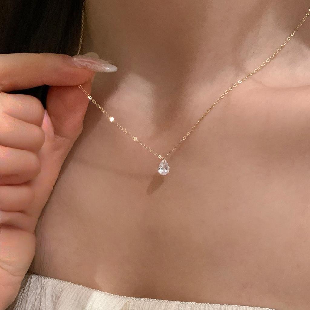 S925 Sterling Silver Plated 14K Gold Water Drop Zircon Pendant Necklace for Women Simple Temperament Exquisite Collarbone Chain