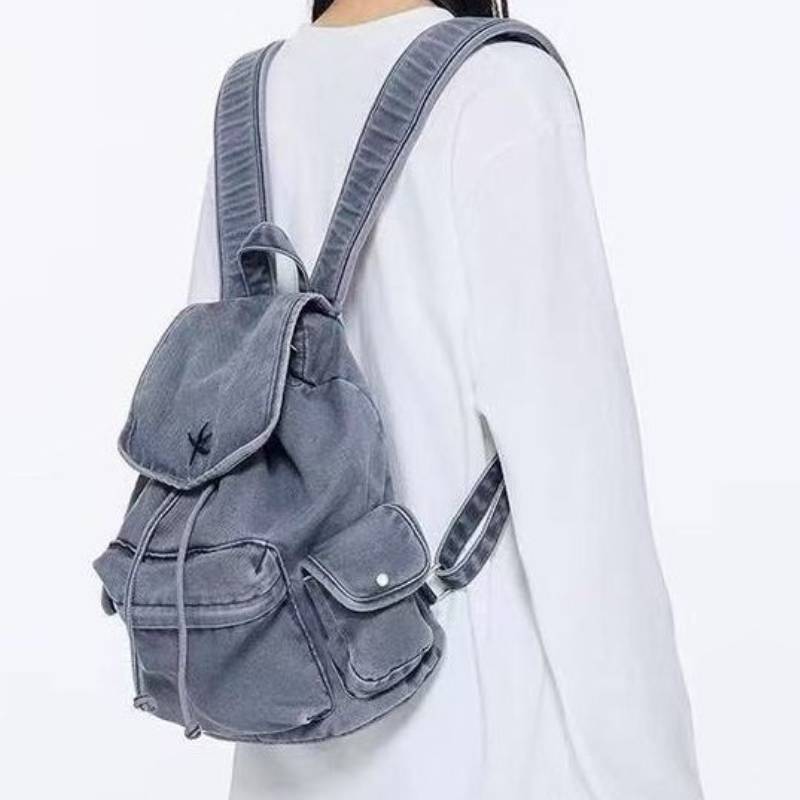 Zaino Vintage in Denim Lavato con Tasche Multiple per Viaggi Casual e Scuola