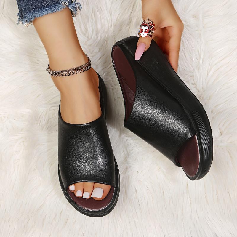 Women Slippers Summer 2026 Retro Wedge Sandals Fish Mouth High Heels Slippers Thick Bottom Large Size Women Shoes Slides Women