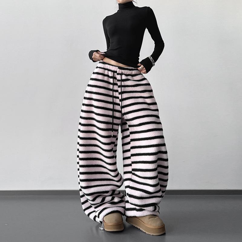 Women s Striped Wide-Leg Pants: Elastic Waist, Drawstring, Slimming, Loose, Casual, Long Style S розовый