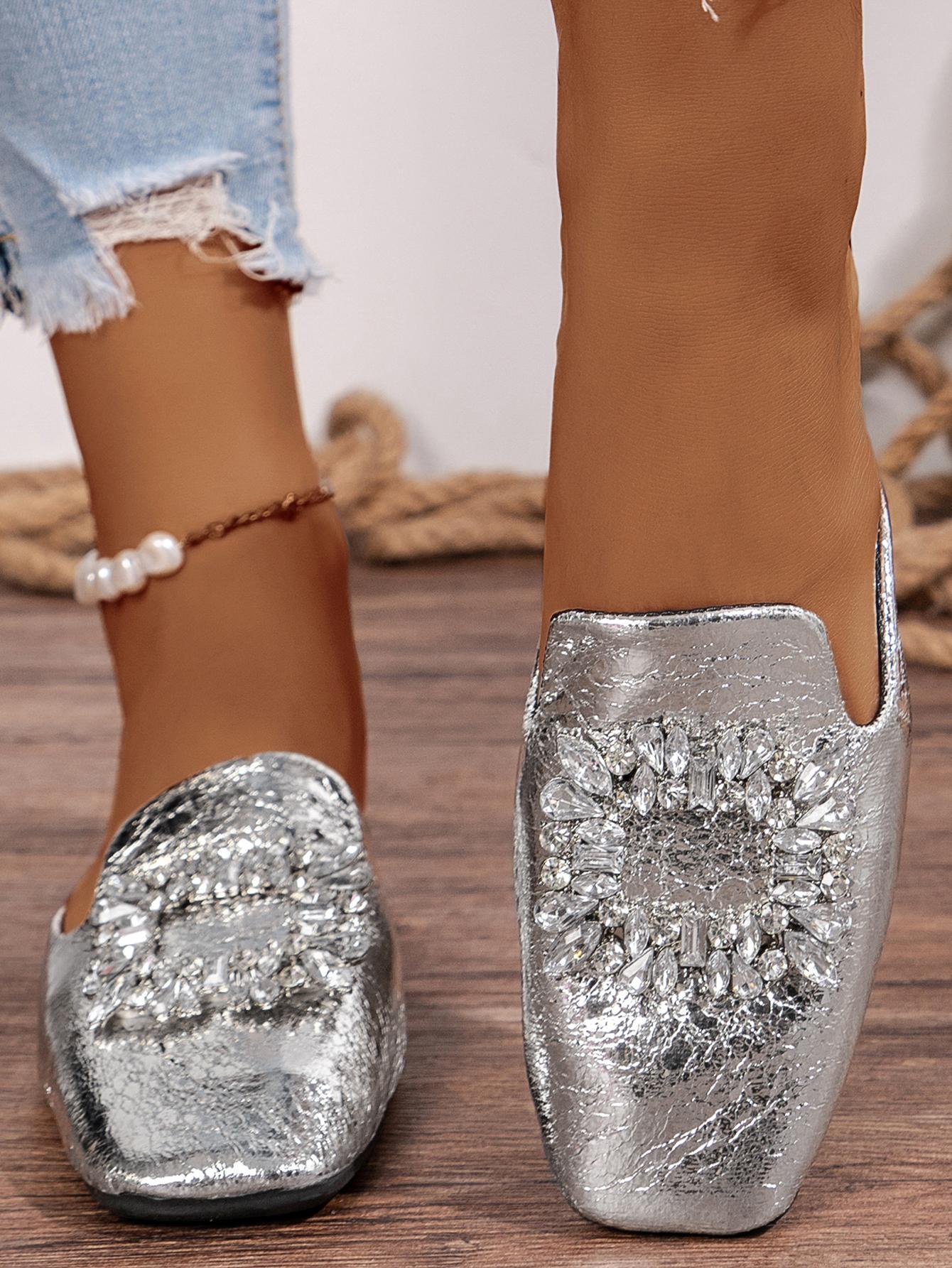 

Модные женские тапочки 2024 Весна Осень Новые Мюли Тапочки Роскошный Дизайн Стразы Женские Плоские Тапочки 42 серебряный