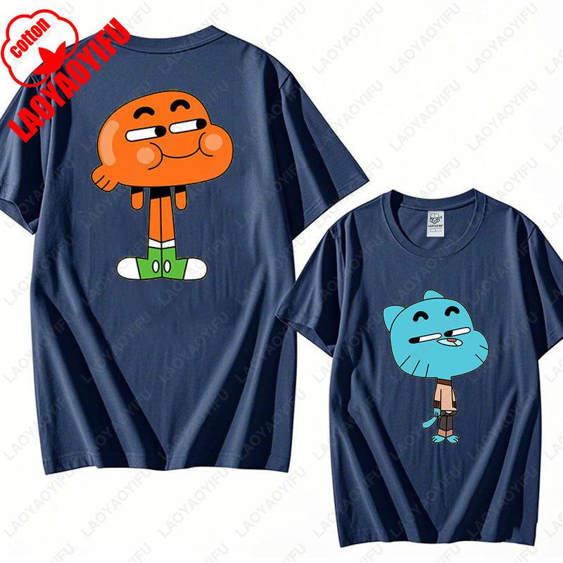 

Анимация Мультфильм Гамбол и Дарвин Принт Футболка Удивительный мир Гамбола Футболка Новое Лето 2025 Каваи Мужская Женская Хлопковые Футболки XL