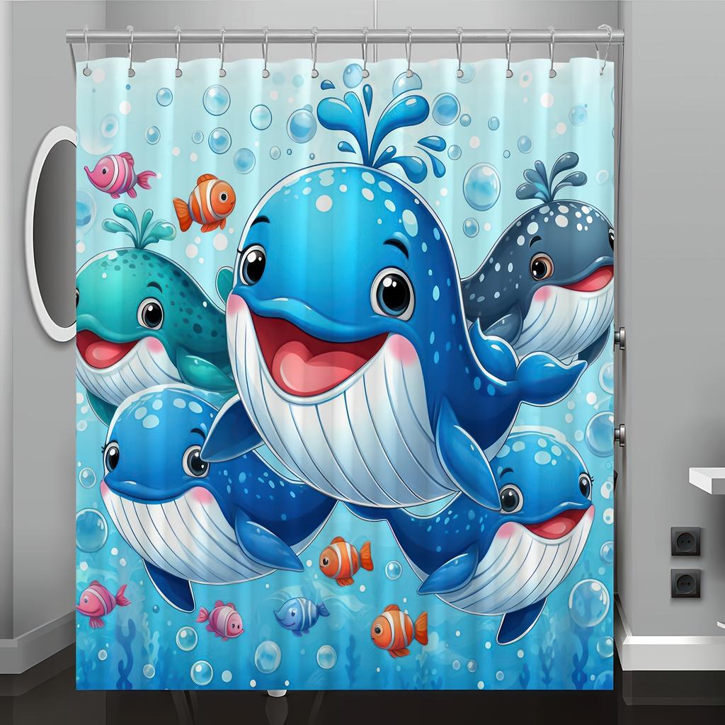 Cartoon Whale Print Shower Curtain - Digital Printed Polyester, Machine Washable, Reversible, All-Season Bathroom/Home Decor