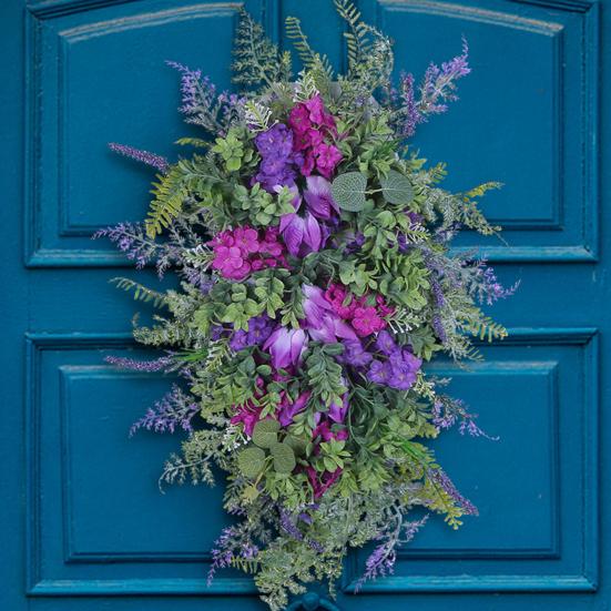 Purple Tulip Wreath with Hydrangea & Hyacinth Artificial Flower Lavender Garland Realistic Spring-Summer Floral Decor for Door Wall Home & Party