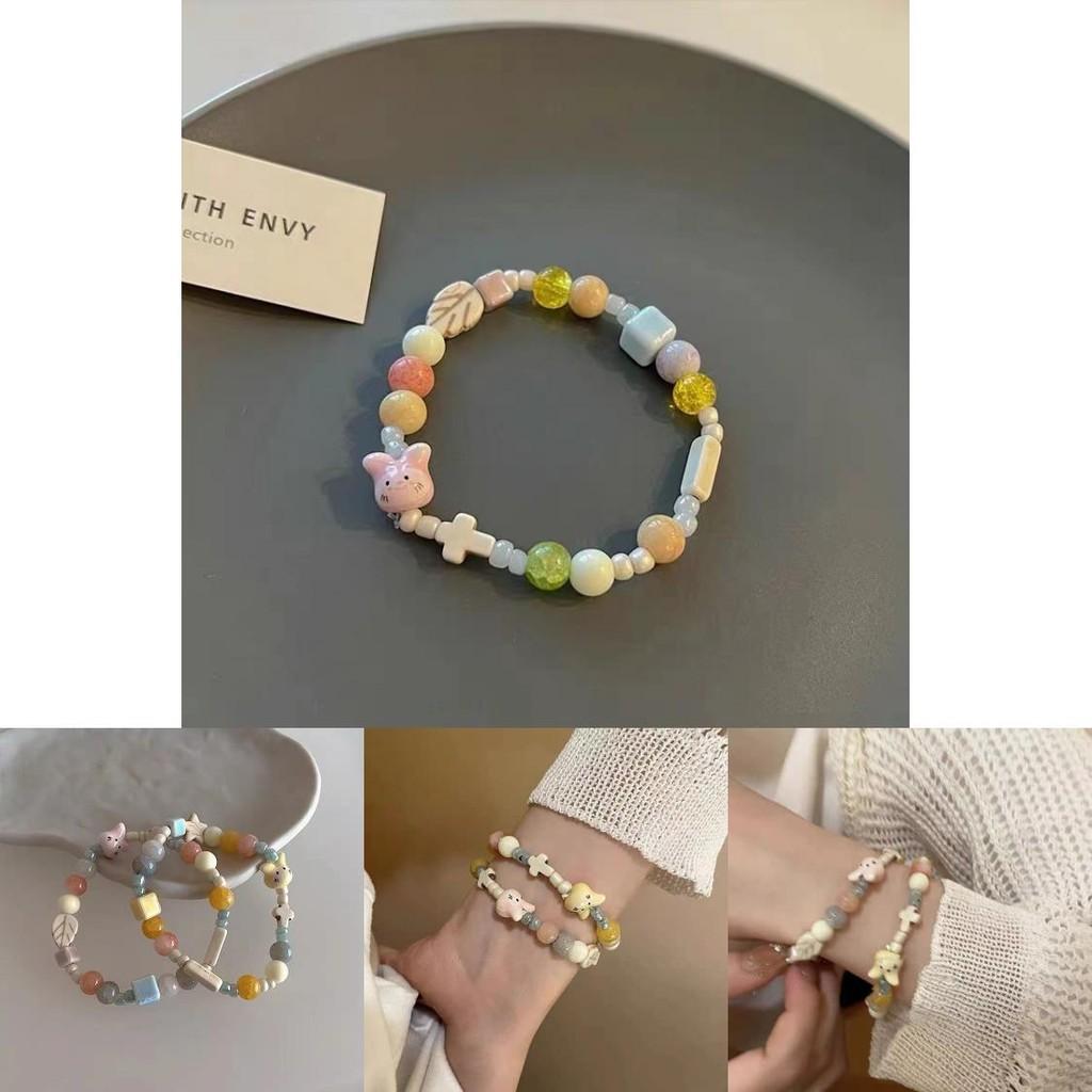 Fresh Summer Fashion Pink Ceramic Rabbit Bead Bracelet Adorable Handcrafted Jewelry