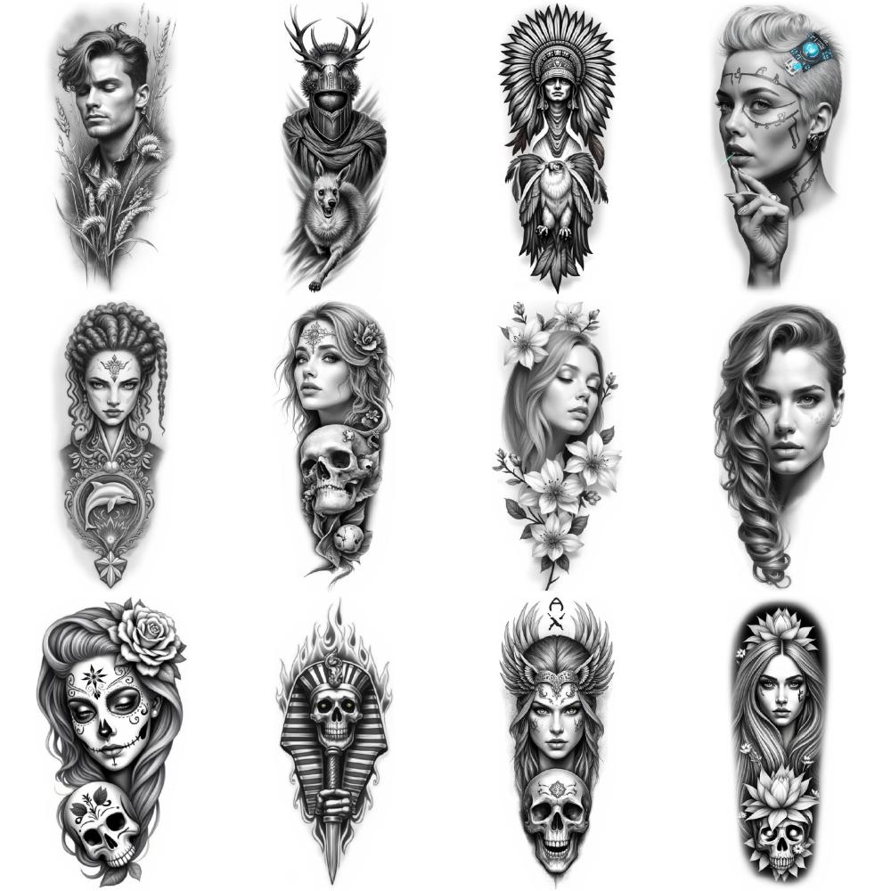12pcs Temporary Tattoo Waterproof Long-lasting Body Stickers Battle Helmet Warrior Head Modern Man For Thighs Women Adults