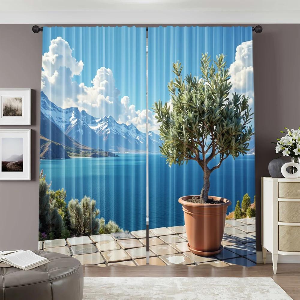 2pcs, 2D Flat Printing Window Curtains Landscape Blackout Polyester Festive Wall Decor Perfect for Carnival Decor