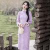 Womens Long Sleeve Winter Warm Chinese-Inspired Midi Dress With Stand Collar Closure Fleece-Lined Velvet Fabric