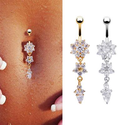 Women Beauty Crystal Flower Dangle Navel Belly Button Ring Body PiercingJewelry