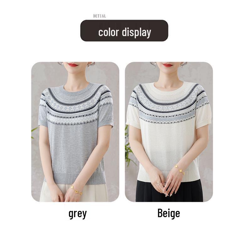 Fair Isle Retro Jacquard Tencel Short Sleeve Knit Top for Mothers - Summer New Arrival for Mid-Aged and Elderly Women