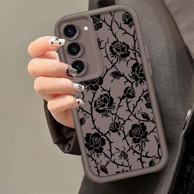 Black Rose Flower INS For Samsung Galaxy Case S24 S23 S22 S21 Ultra Plus Fe A55 A54 A53 A52 A35 A25 A15 A14 5G Phone Y2k Cover