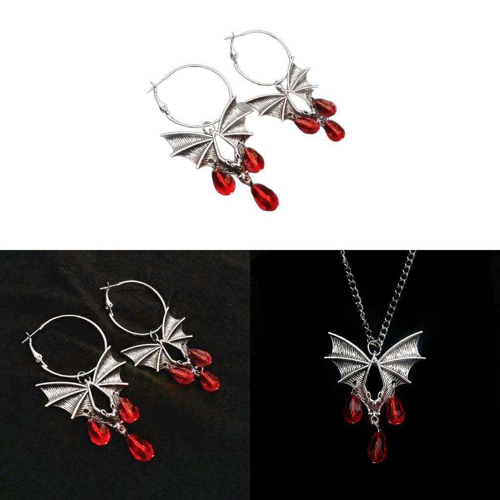 Gothic Bat Pendant Necklace And Earrings Set With Alloy Material For Alternative Fashion Enthusiasts