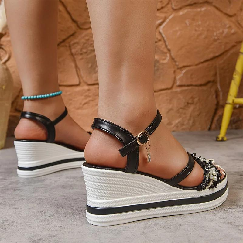 Pearl Flock Wedges Sandals for Women 2025 Crystal Ankle Buckle Party Shoes Woman Thick Sole Chunky Platform Shoes Mujer