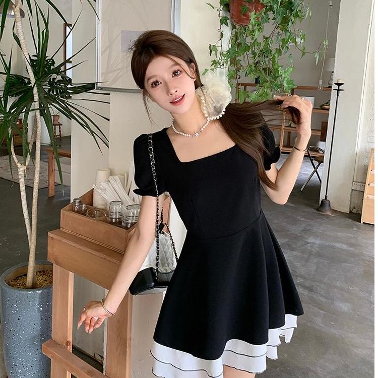 

2026 Black Swan Color Block A-line Dress: Hepburn Style Short Sleeve Little Black Dress L
