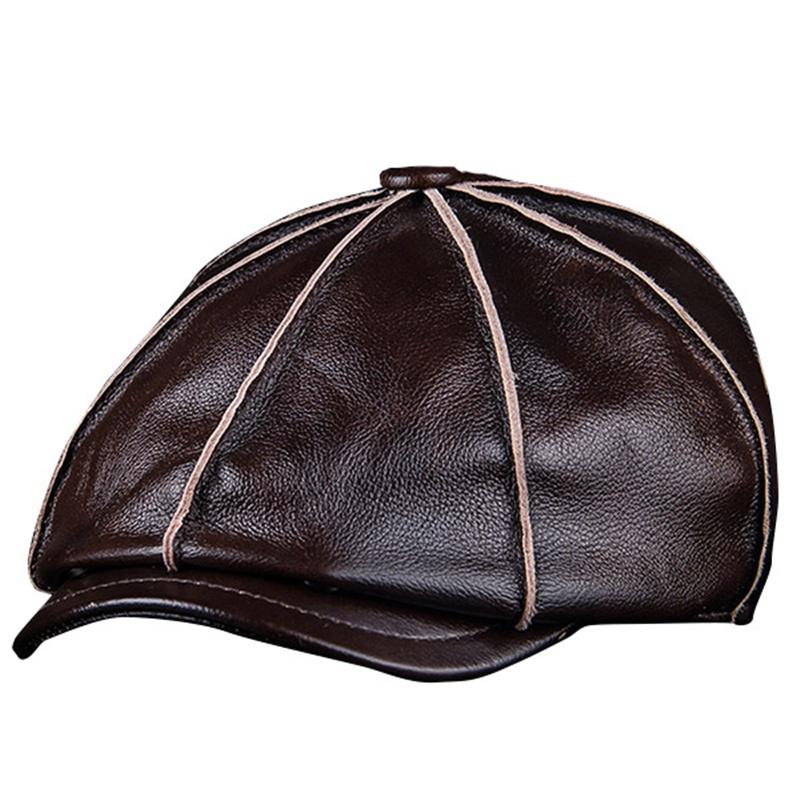 Men's 100%Genuine Cowhide Leather Warm Octagonal Cap Casual Vintage Newsboy Cap