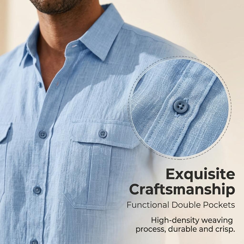 Men'S Shirt With Double Pockets Cotton-Linen Short-Sleeve Shirt Casual Vacation Shirt