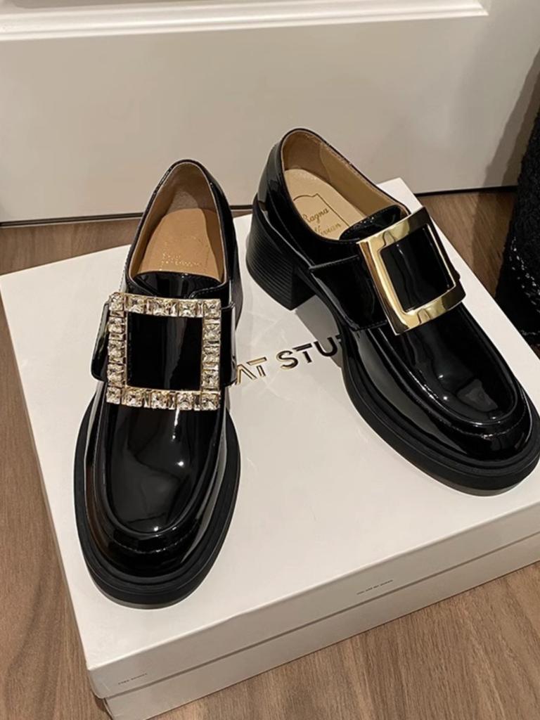 Square Buckle Platform Loafers Women's 2025 New Autumn Leather Thick High Heel Black High-end British Style Small Leather Shoes
