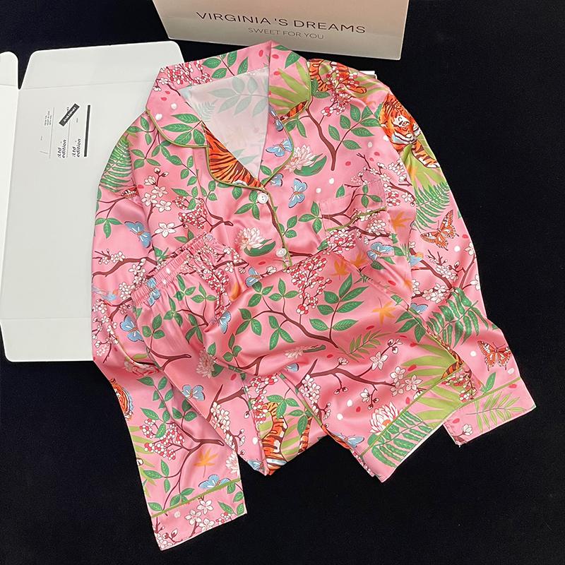 Pyjamas Damen Seiden-Langarmpyjamas Pyjama-Anzug mit Blumendruck Hochwertige Eisseide Kann Draußen Als Pyjama Für Zu Hause Getragen Werden