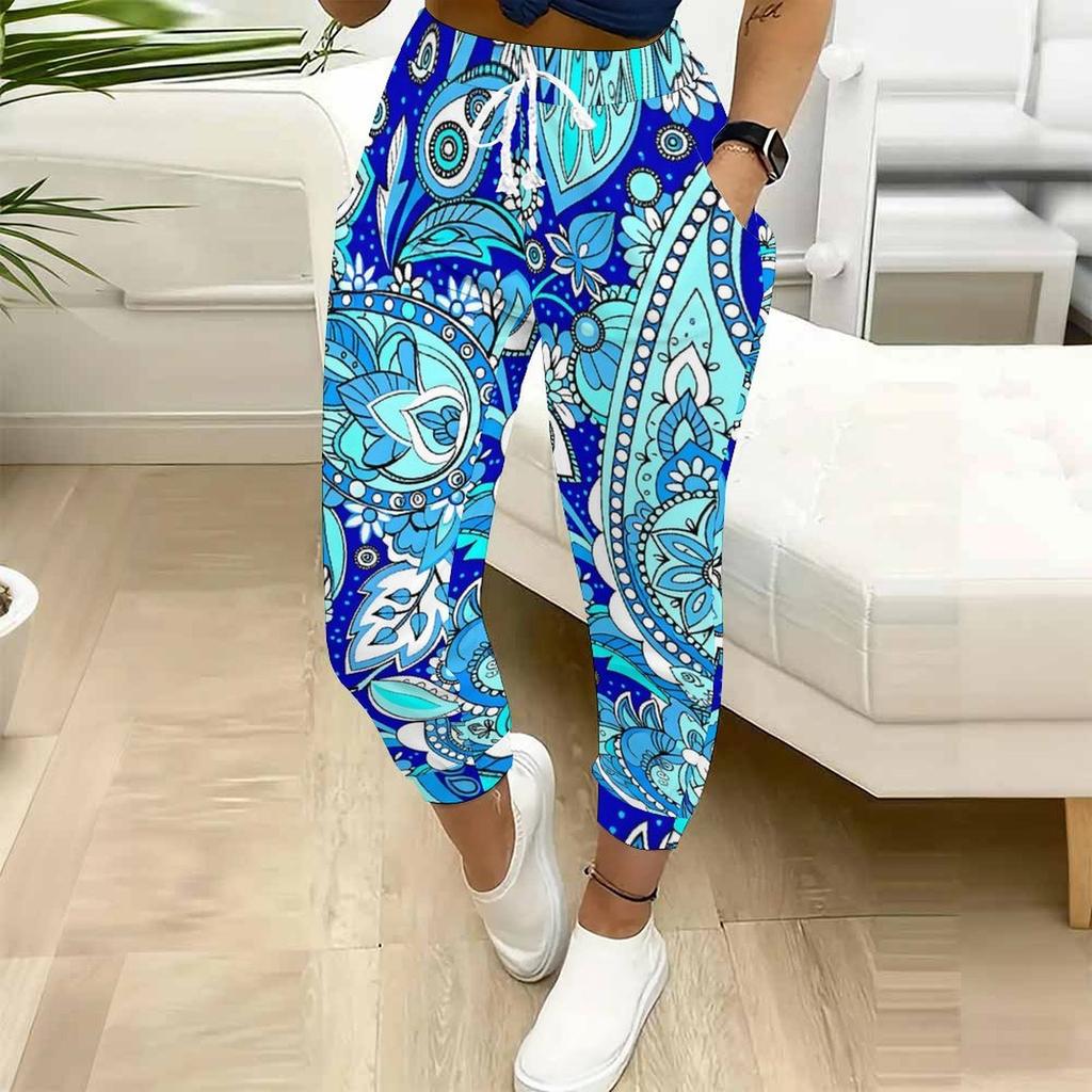 Sommer Damen Blumenpflanzen Print Jogginghose Lockerer Schnitt Kordelzug Jogginghosen Elastischer Bund Tägliche Lässige Hosen