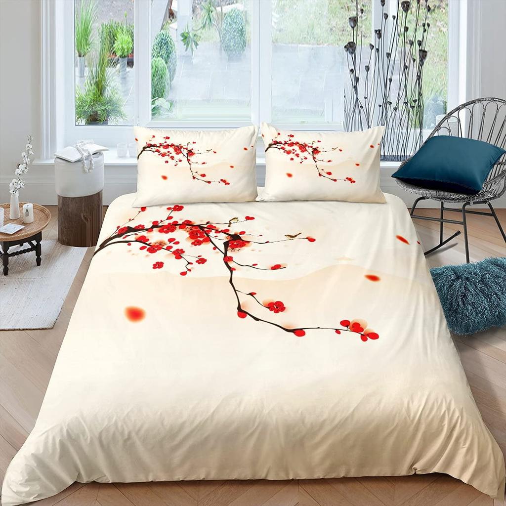 Comforter Plum Blossom Flower Floral Comforter For Kids Teens Women Butterfly Branches Ink Style Warm And Comfortable