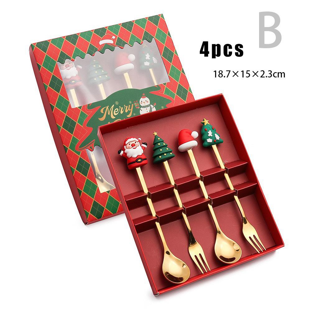 6pcs Christmas Coffee Spoons Forks Set Stainless Steel Santa Claus Dessert Spoon Forks Christmas Gifts for Kids Gift Box Set