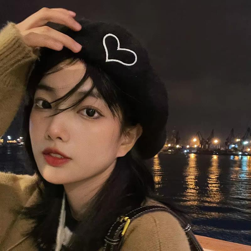 Winter Wool Beret Hat for Women Lady Love Heart Embroidery Warm Pumpkin Hats Ins Korean Girl Y2K Artist Painter Octagonal Caps