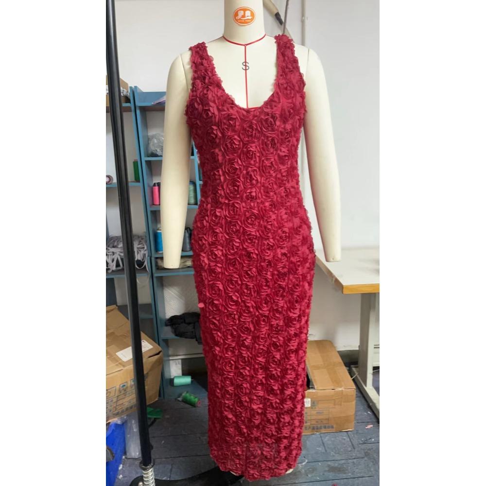 Elegant 3d Flower Halter Long Dress Women Slim Sleeveless Backless Pleated Holiday Dresses 2024 Summer Lady Solid Cotton Robes