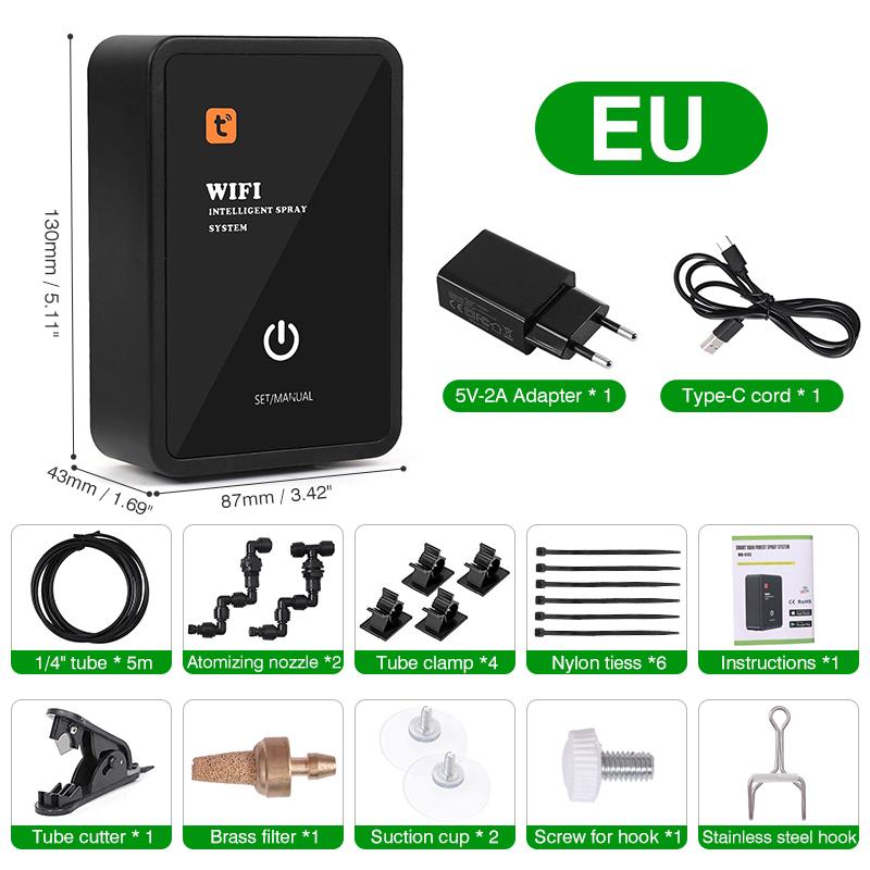 

Управление через приложение Wi-Fi Интеллектуальный распылитель-увлажнитель для рептилий Таймер полива Система распыления по времени Туман Тропический лес Увлажнитель для рептилий Spray Kit-EU