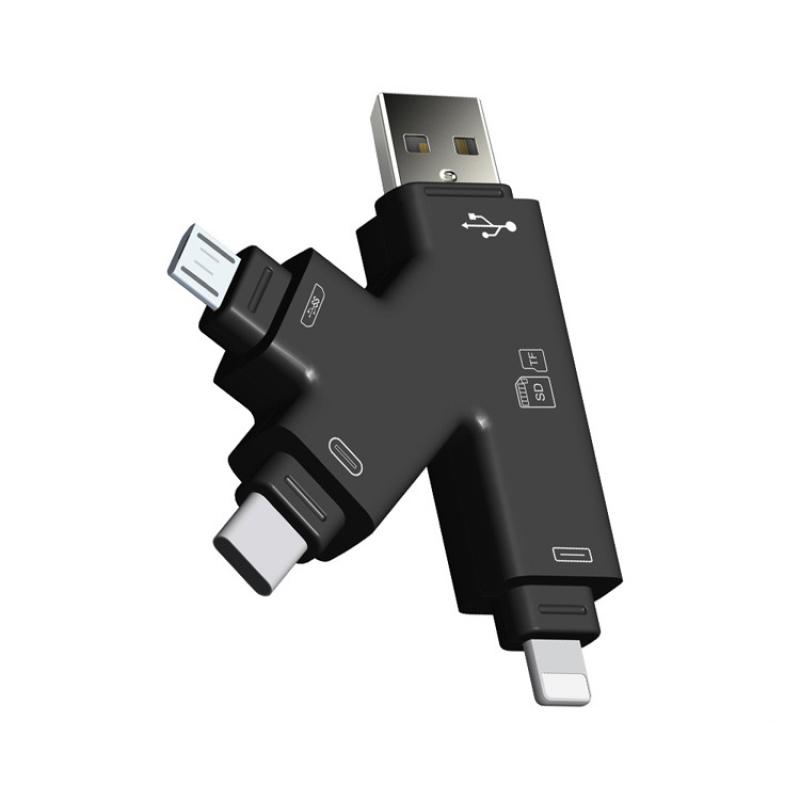 

Устройство чтения карт SD LUOM USB 2.0 Многофункциональный интерфейс Lightning Type-C USB Micro USB 4-в-1 Дизайн в форме буквы K чёрный