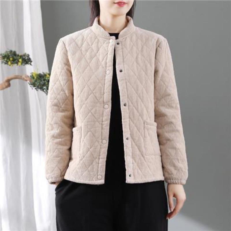 Women's Winter Autumn Corduroy Quilted Cotton Padded Jacket Retro Loose Stand-Collar Diamond Pattern Short Corduroy Cotton Outerwear
