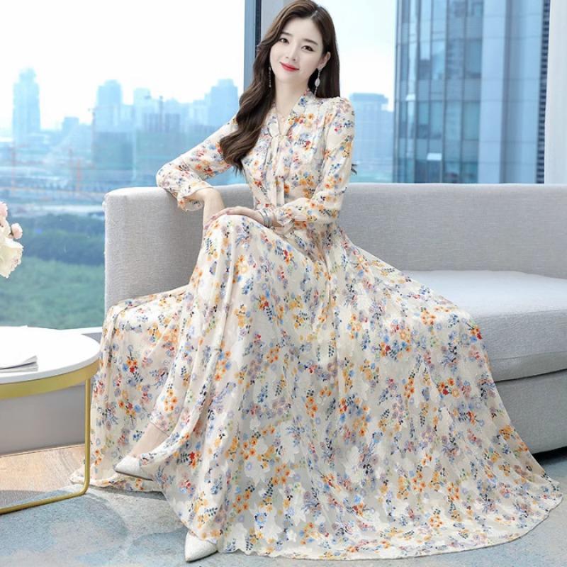 Women S High Waist V Neck Long Sleeve A Line Floral Dress