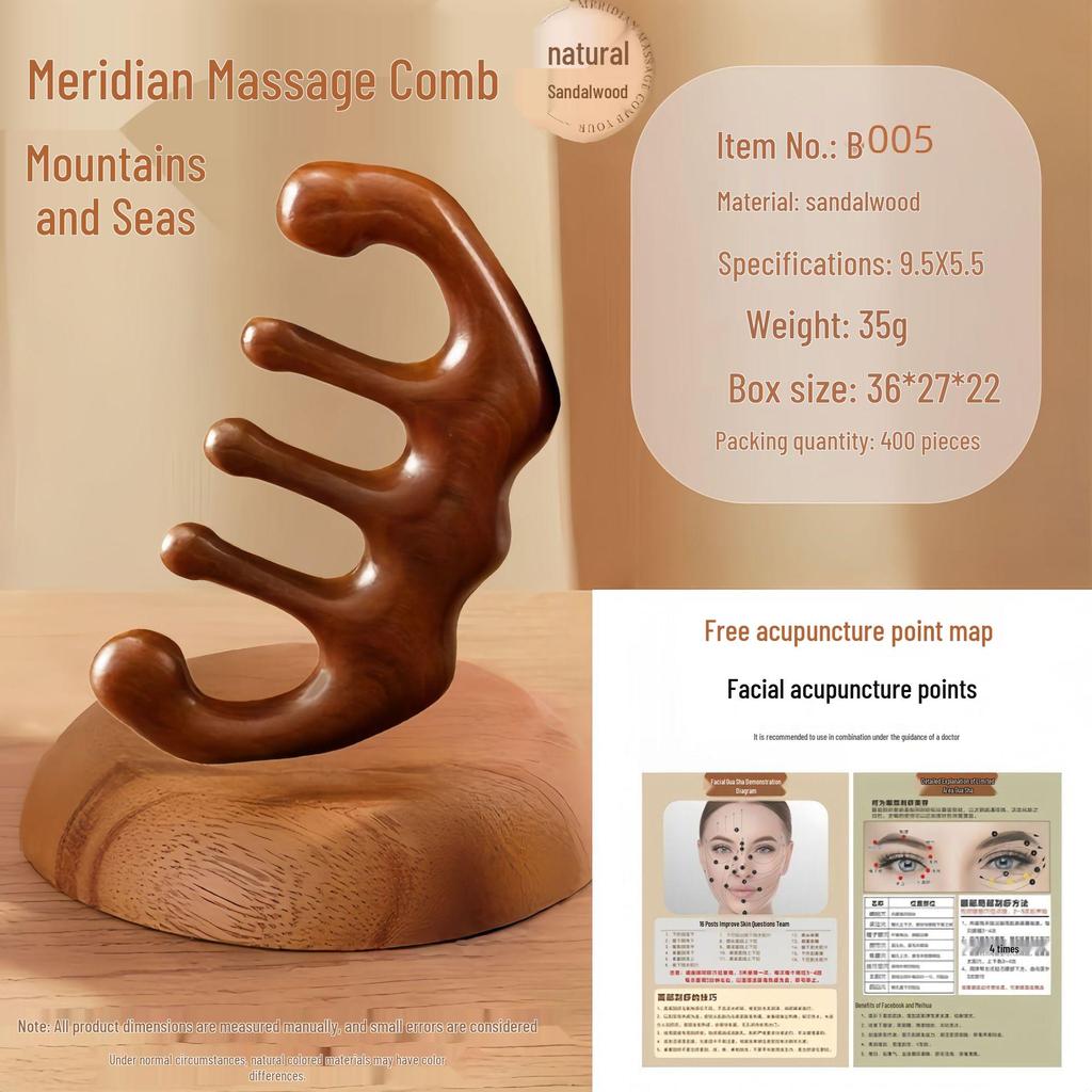 Sandalwood Multi-Functional Five-Tooth Gua Sha Massage Comb for Scalp and Face Therapy