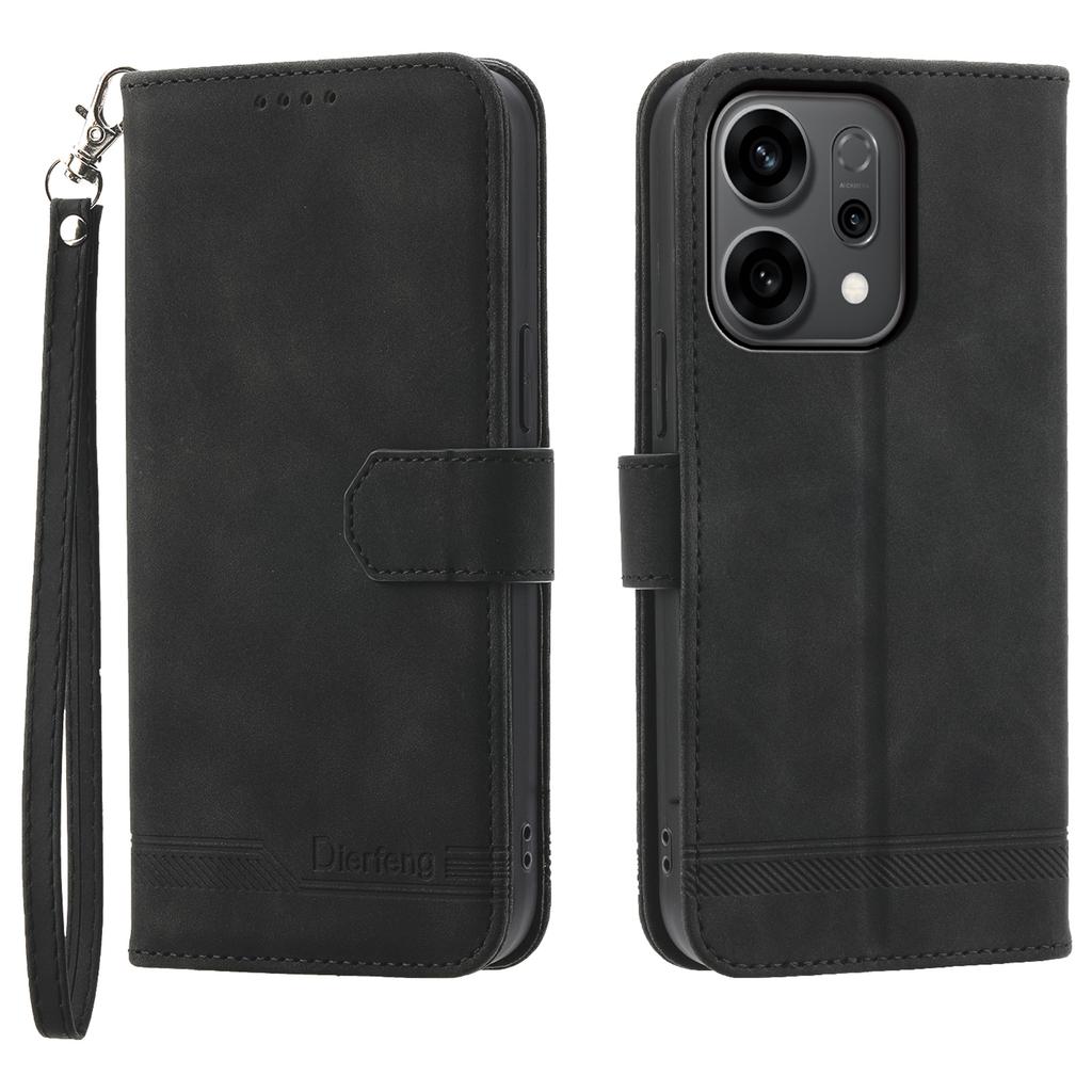 DIERFENG DF-03 For Oppo Reno14 5G (Global) Case Lines Imprint Wallet Leather Phone Cover with Wrist Strap