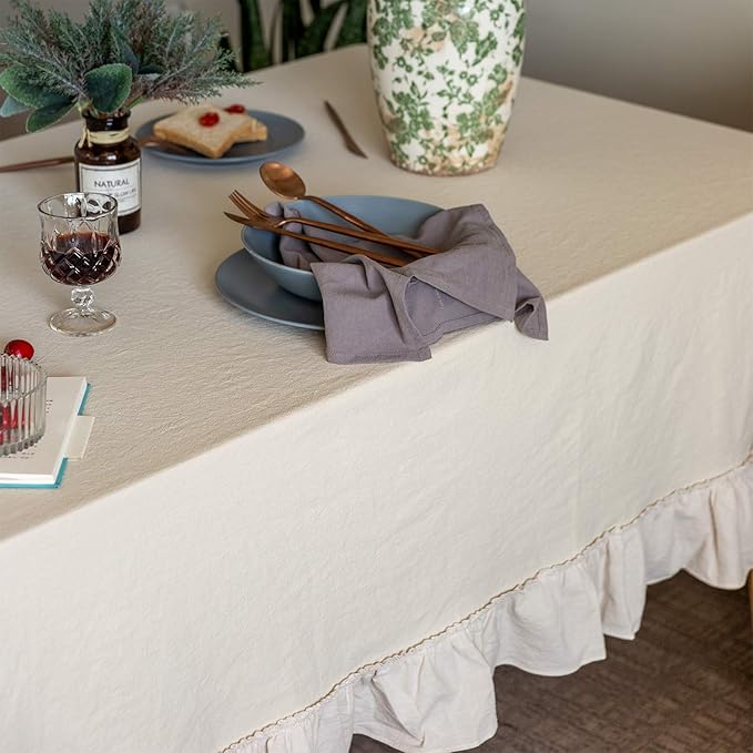 Nappe de ferme unie beige à volants en coton rectangulaire carrée lavable Housse de table Décoration pour cuisine salle à manger 140x300cm