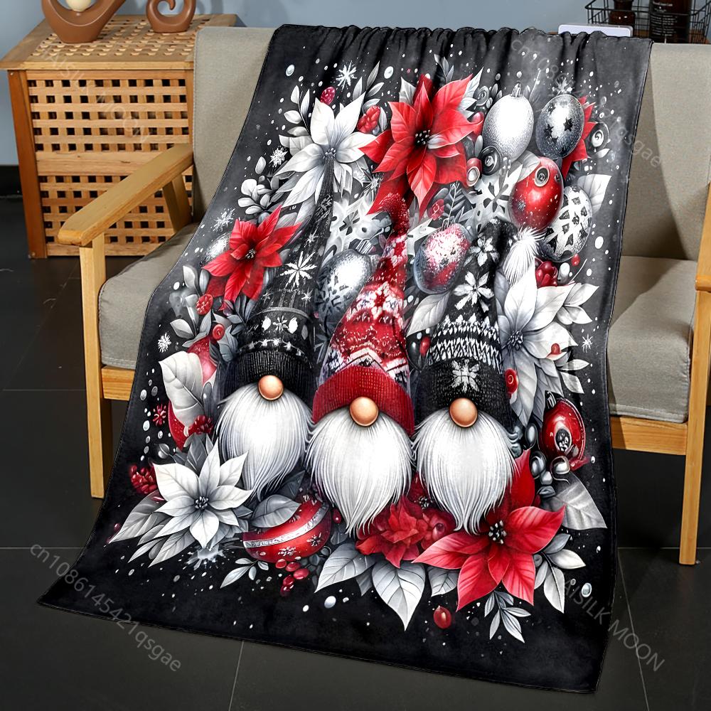

Festive Gnomes with Poinsettias Pattern Blanket Flannel Material Soft Warm for All Seasons, Home Outdoor Camping Picnics RV 75x90cm