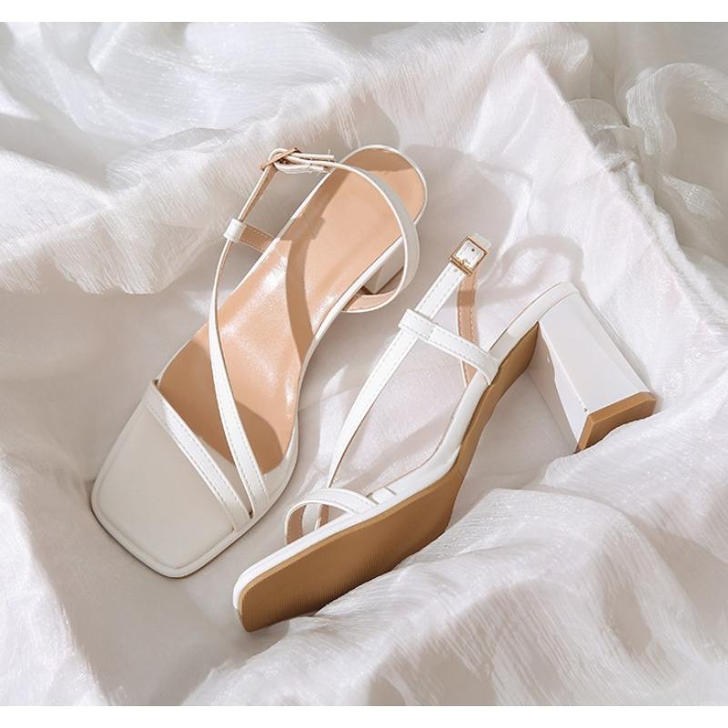 Women Sandals Ladies Square Heels Elegant Summer Slippers Outside Cross Tied Leather Female Slides 2025 Woman Sandals