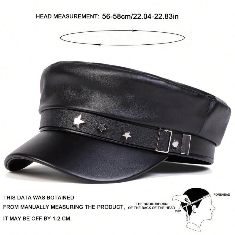 1pc Women Beret Cap with Black Star Embroidery,Solid Color Retro Hat,Korean Style Casual Flat Top Newsboy Hat for Outdoor,Travel
