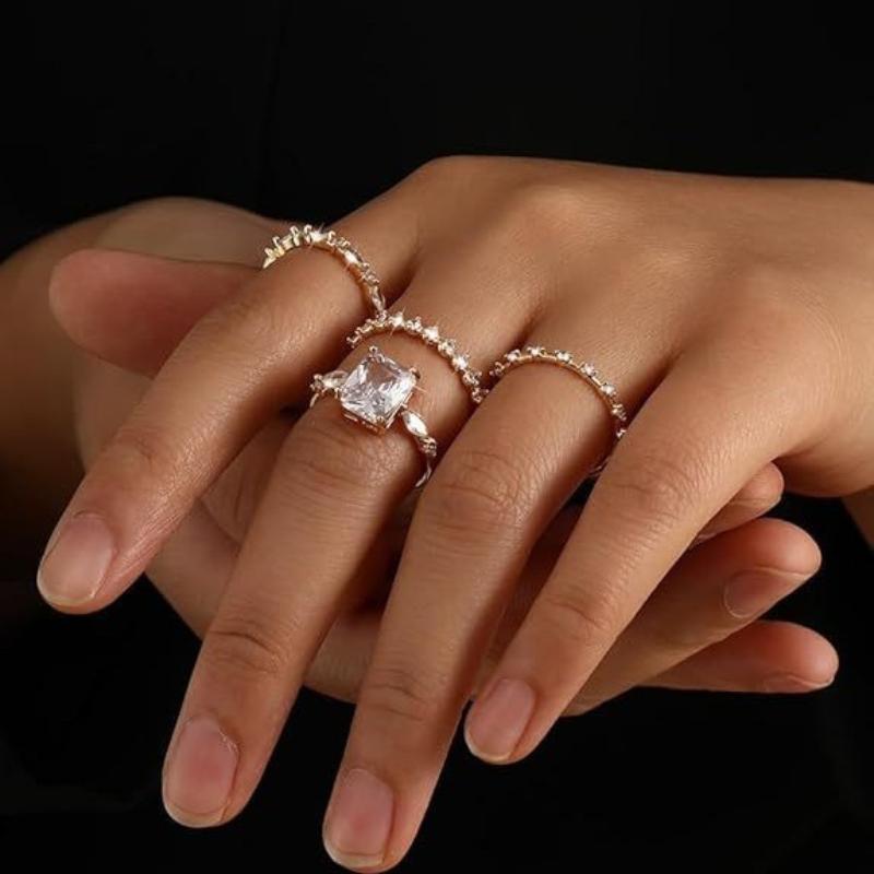 4-piece Set of Elegant and Fashionable Square Geometric Inlaid Zircon Women's Rings, Bridal Engagement Jewelry, Accessory Gifts