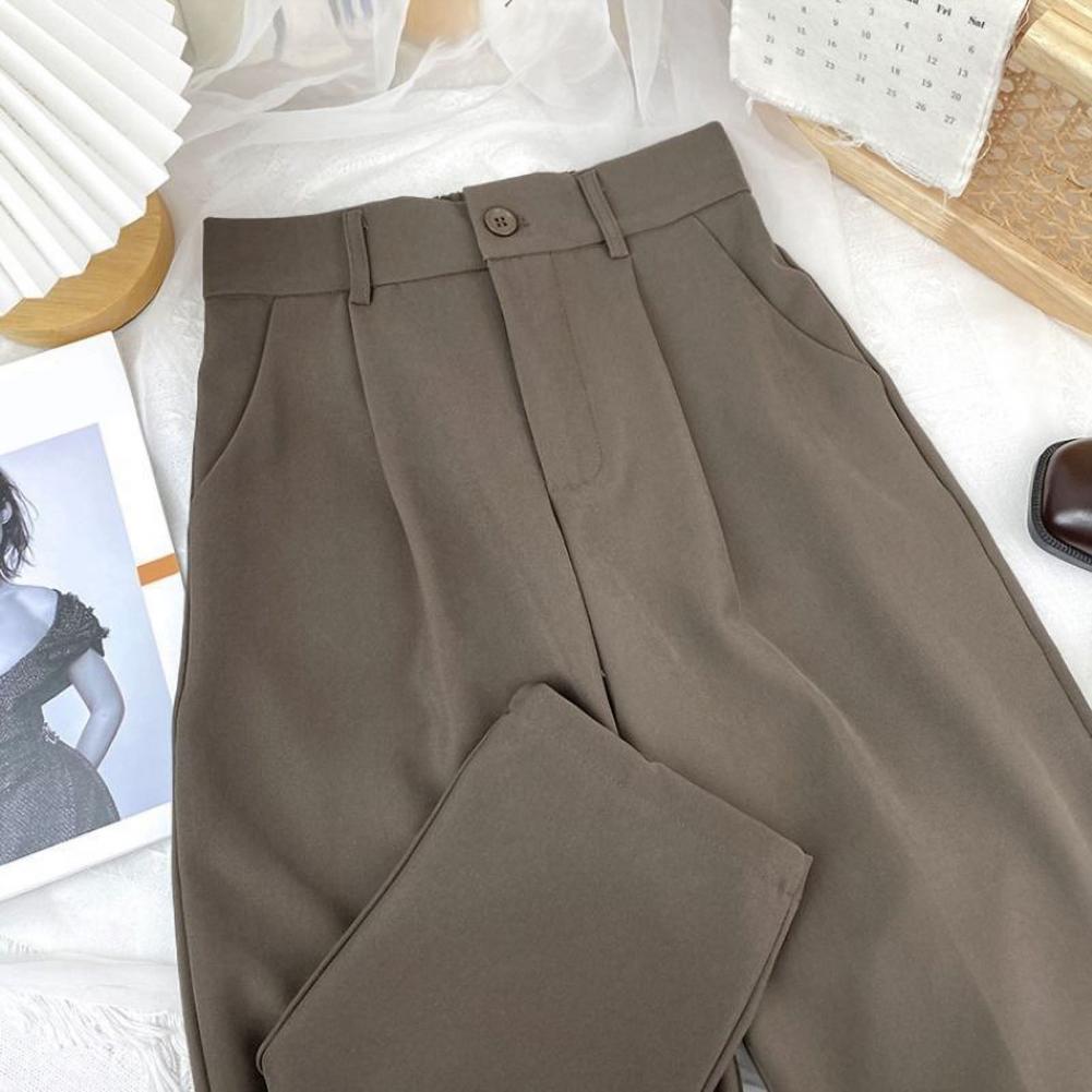 Women Pants Straight Wide Leg Long Suit Pants with Pockets Elastic Waistband Button Zipper Fly Ice Silk Suit Trousers