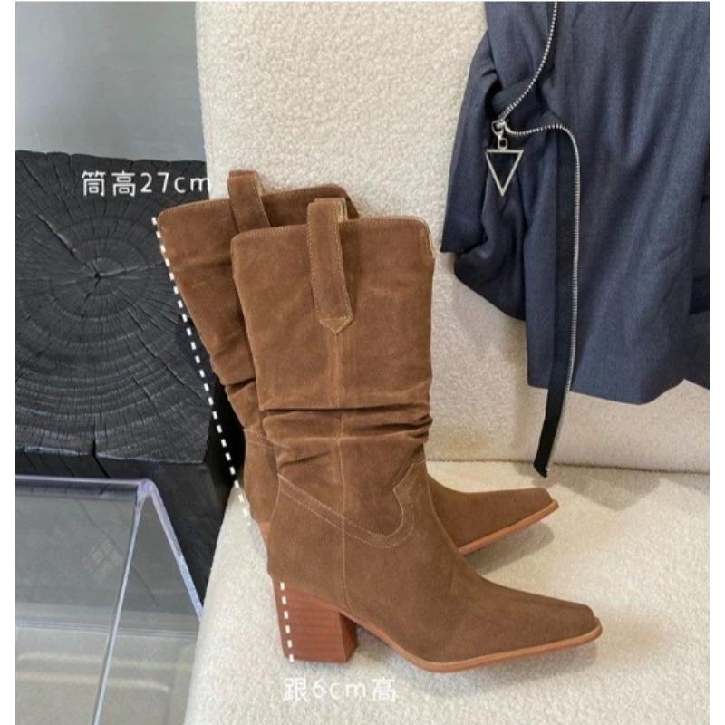 

Модные новые ковбойские сапоги в западном стиле для женщин до середины икры, ковбойские плиссированные джинсовые сапоги, синие туфли на толстом каблуке, весенне-осенняя обувь 42 коричневый