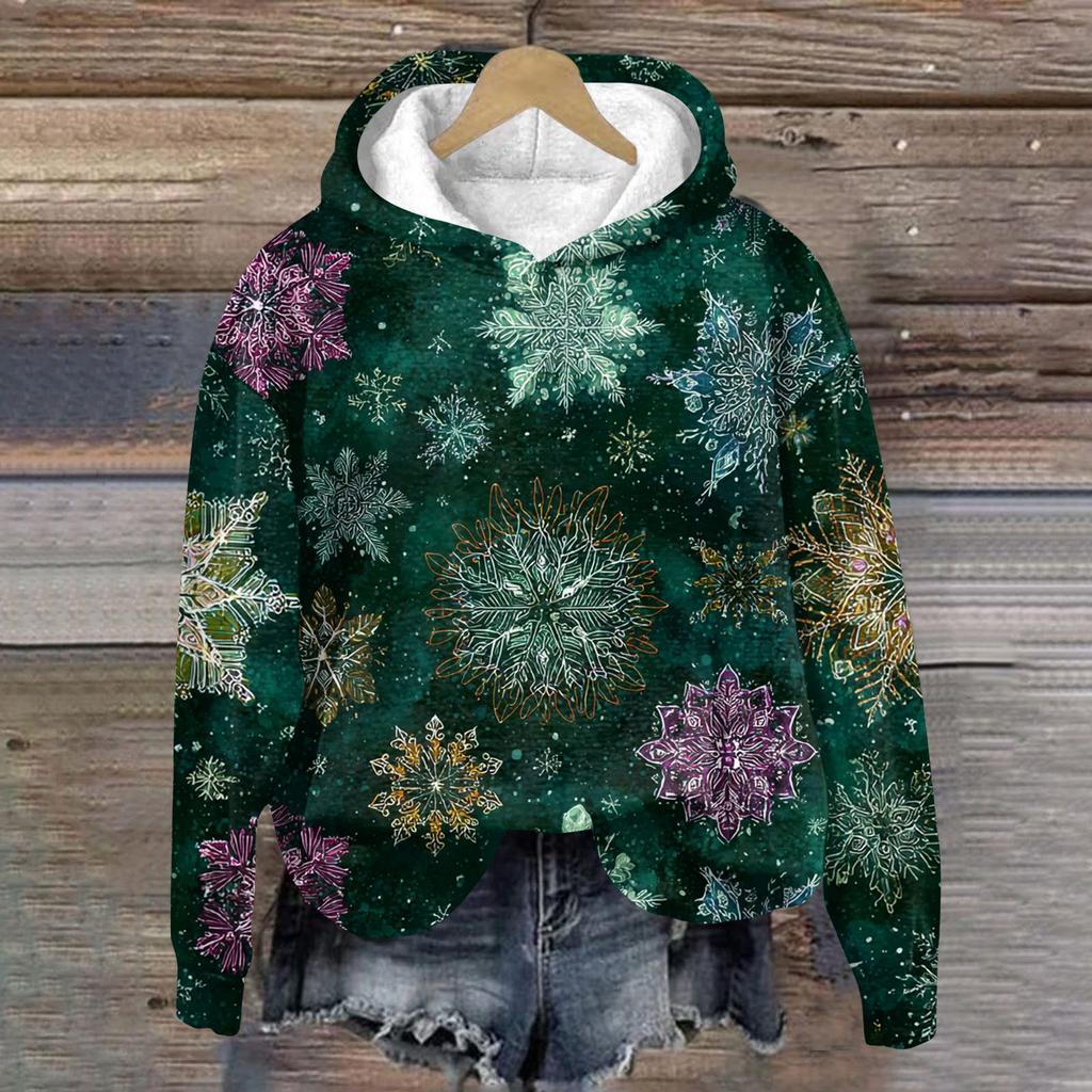 Damenmode Langarm Weihnachtsprint Lockerer Kapuzenpullover Top