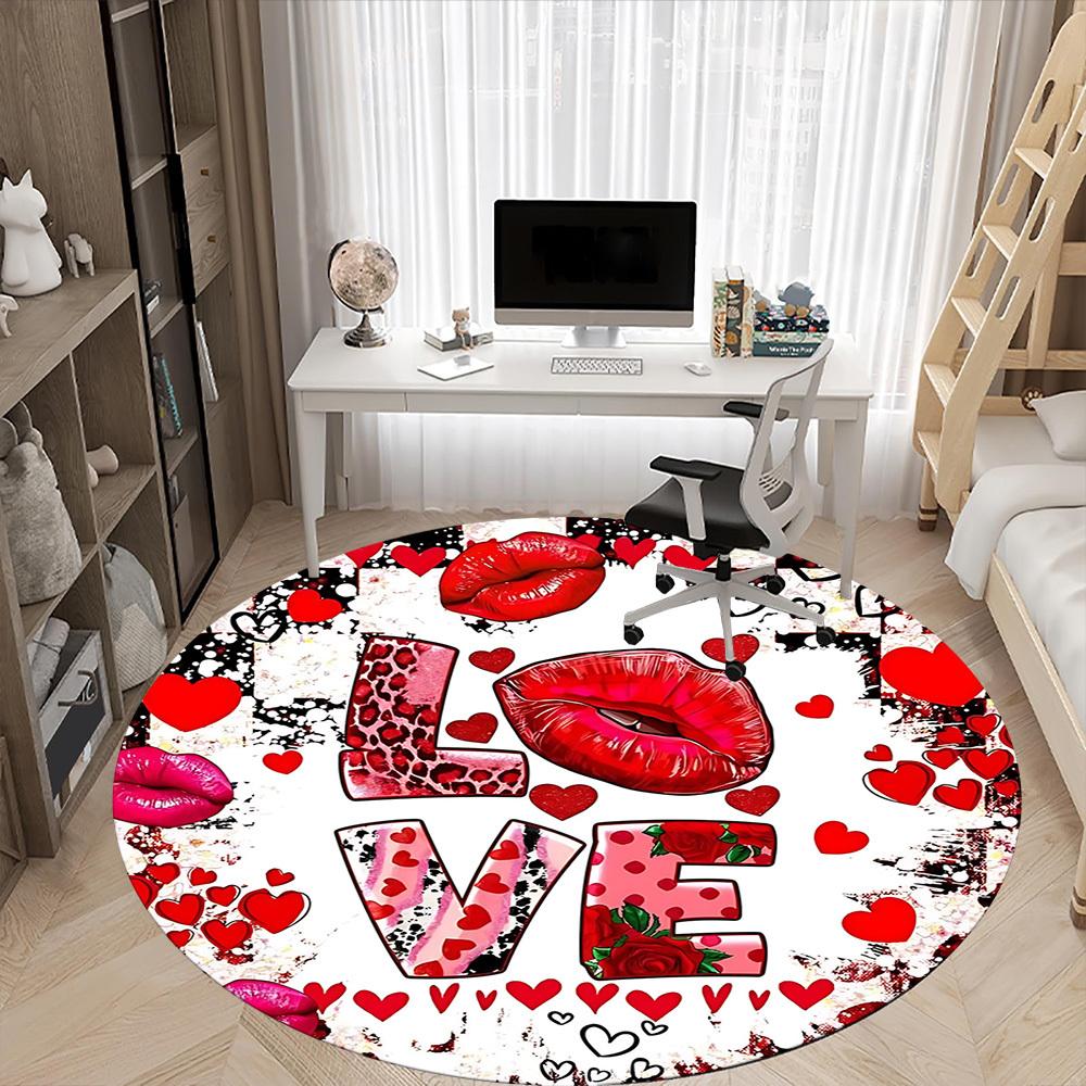 1pc Love Heart Print Carpet for Office Non-Slip, Round Carpet, Soft & Comfortable, Carpet for Office, Lightweight Round Floor Mat