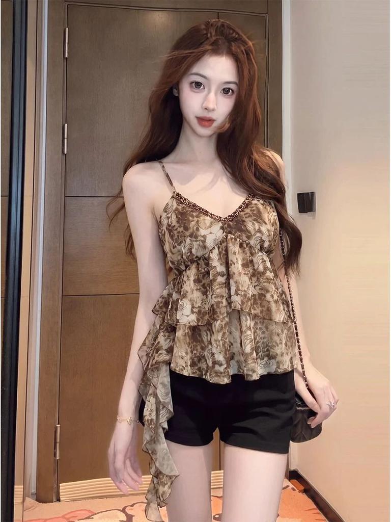 Vintage Leopard Print Suspender Vest Women's Summer V-neck Versatile Streamer Sleeveless Top