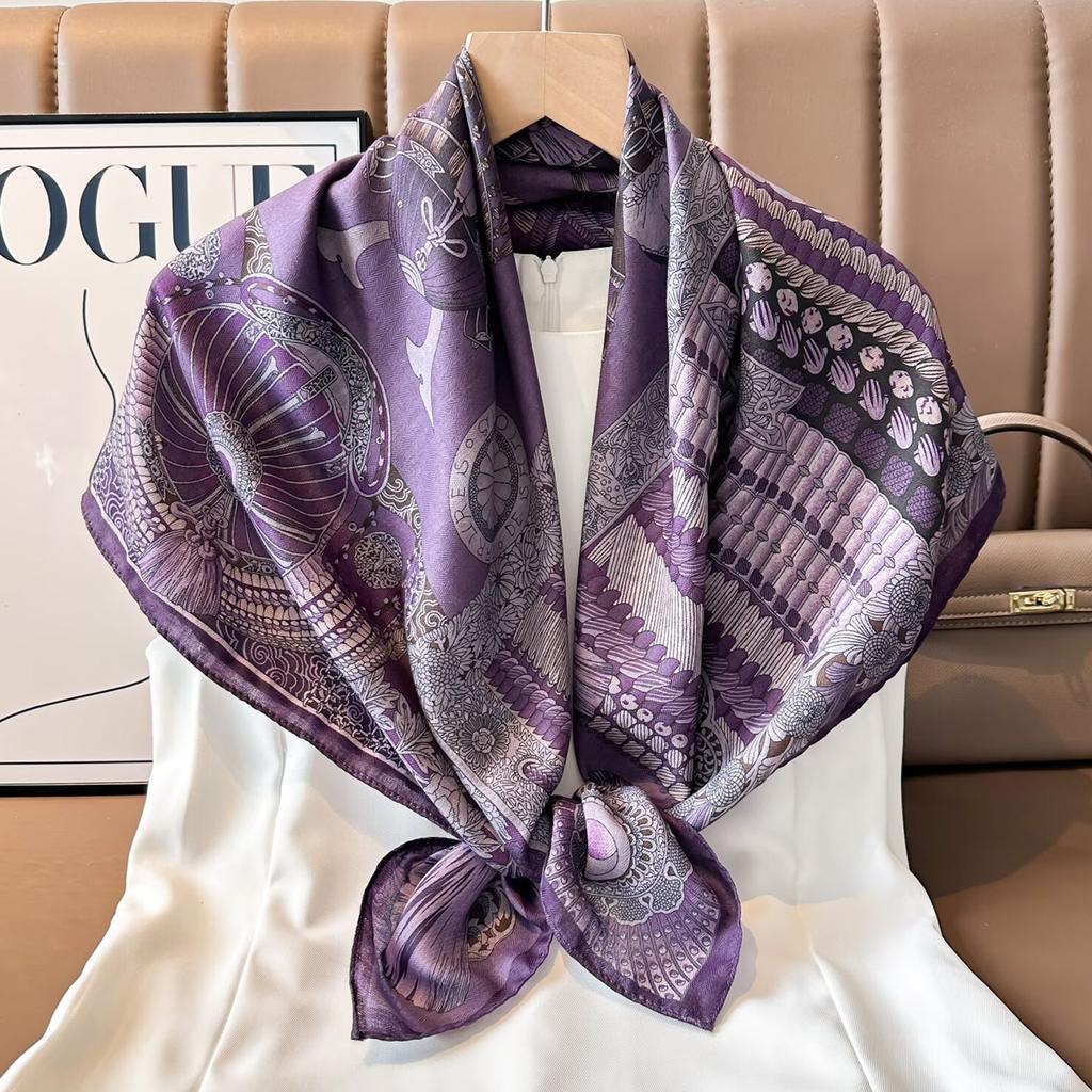 Autumn and Winter Velvet Purple Japanese Samurai 91 Large Square Scarf Women's Fashion Vacation Beach Silk Headscarf Shawl Thermal Scarf
