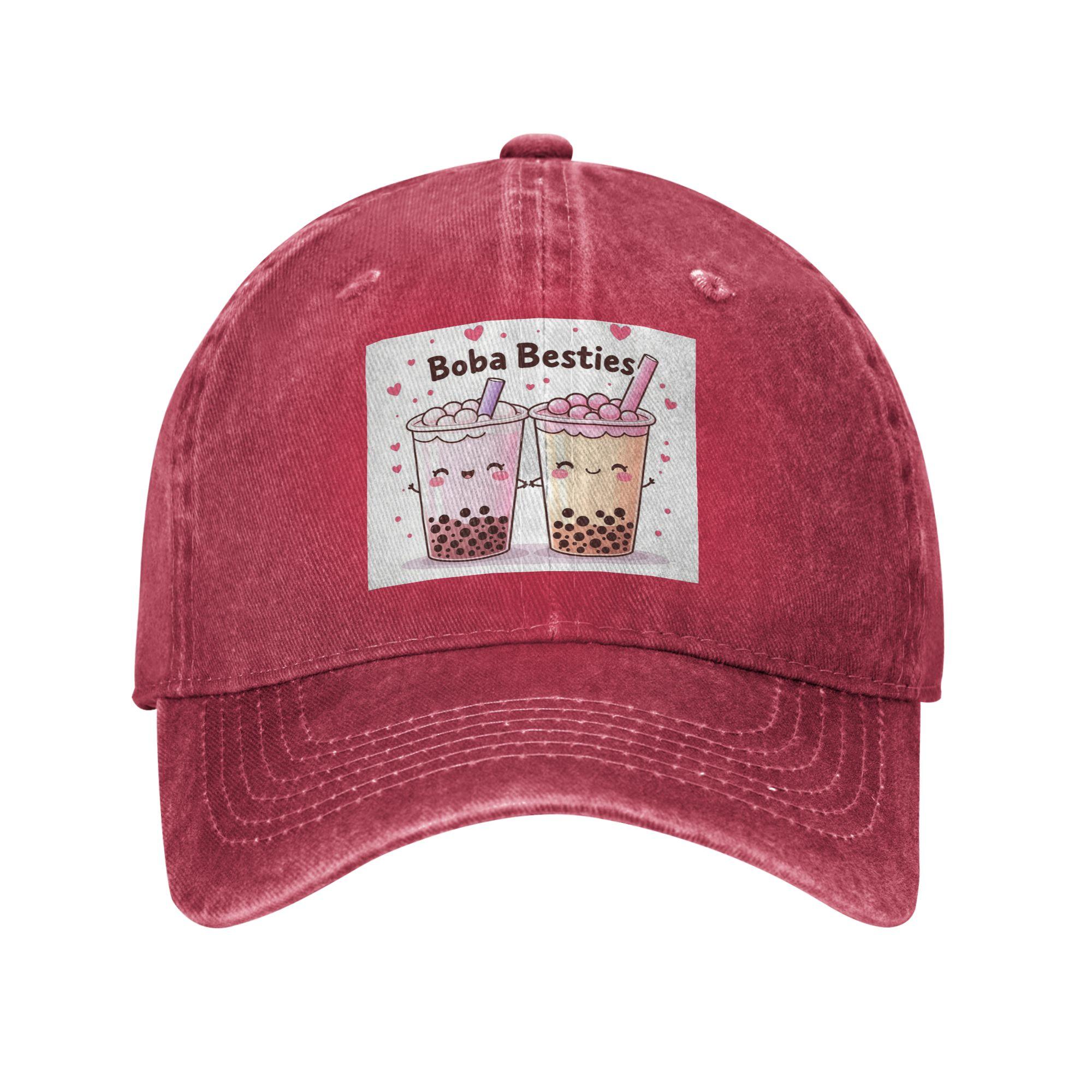 Boba Besties Cute Kawaii Bubble Tea Baseball Caps Snapback Denim Fabric Hats Adjustable Casquette Hip Hop Baseball Cowboy Hat One Size