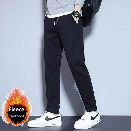 Black Label Plus Men's Slim Fit Tall Straight Fleece Pants - Autumn/Winter Korean Casual Trousers